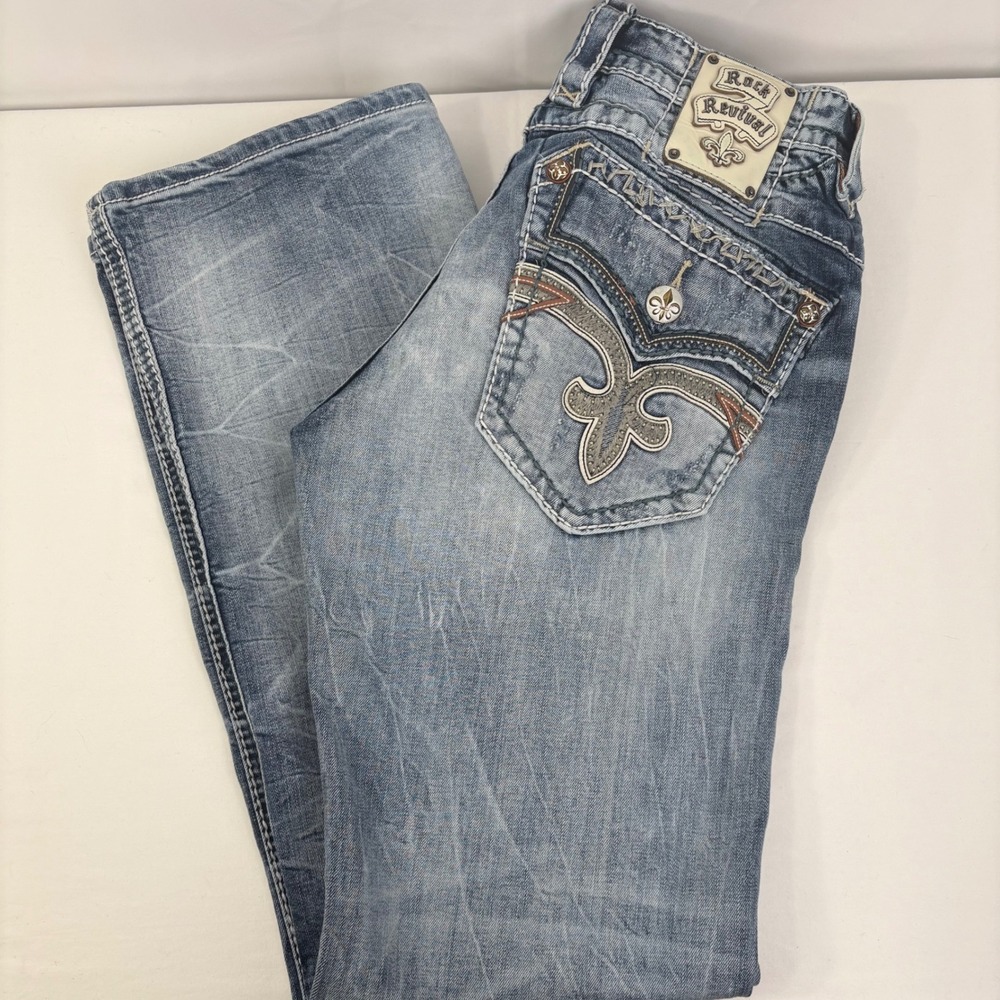 Rock Revival Womens Feeney Boot Medium Wash Distressed Jeans Size 34 (34x35)
